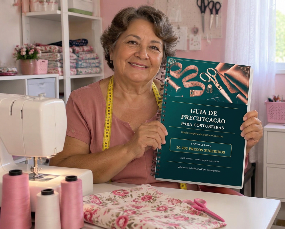 Costureira experiente segurando a tabela ao lado da máquina de costura